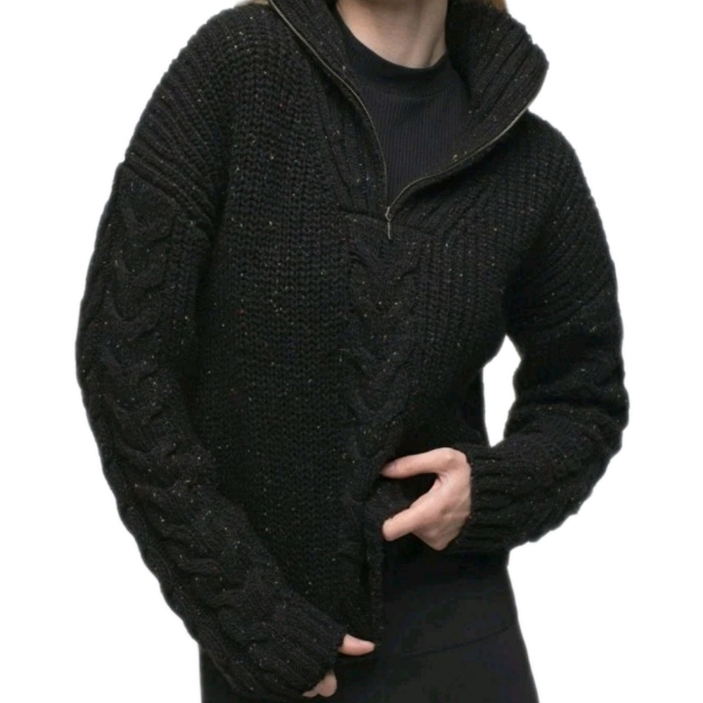 Prana Laurel Creek Sweater in Black Confetti Knit Quarter Zip Wool Blend small